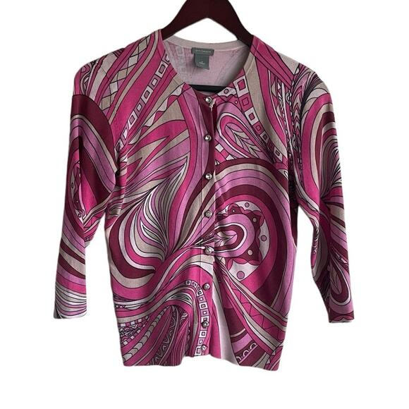 Ann Taylor Women Cardigan Top S Pink Silk Blend‎ Rhinestone Buttons Vibrant Knit - Picture 1 of 8